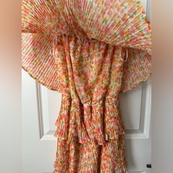 Lulus Gala Ready Peach Multi Floral Pleated Off-the-Shoulder Romper - Picture 7 of 10
